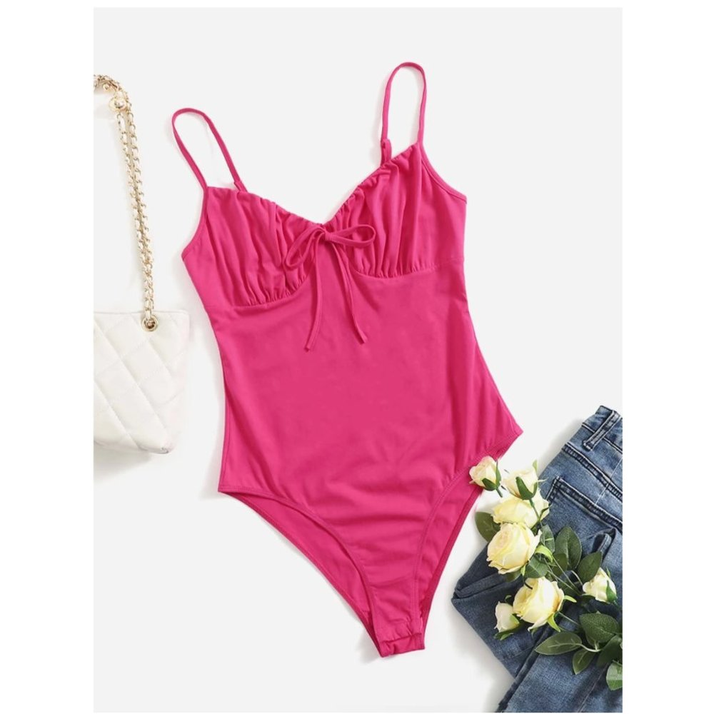 SHEIN Hot Pink Tie Front Ruched Bust Cami Bodysuit XS